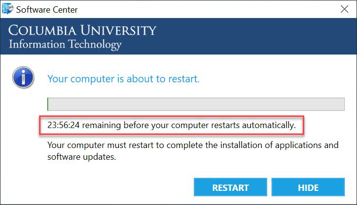 "Your computer is about to restart" 24-hour pop-up notification from Software Center