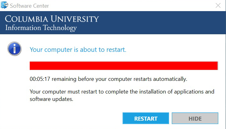 "Your computer is about to restart" 1-hour pop-up notification from Software Center