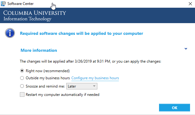 Pop-up offering options to select the time to apply software changes to your computer