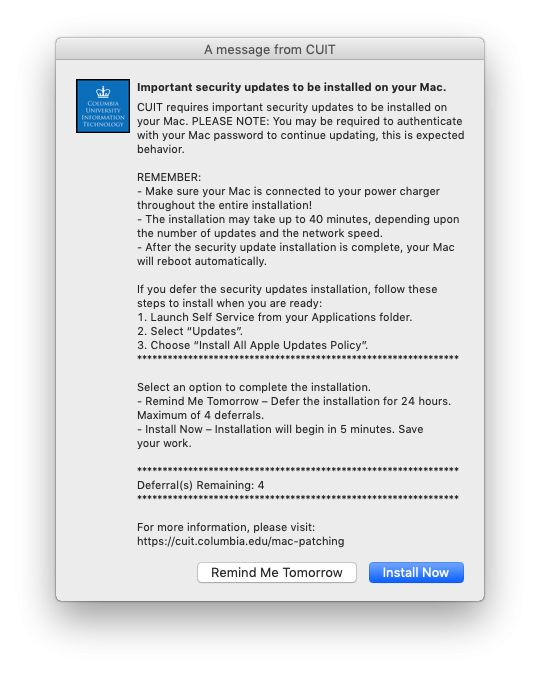 Pop-up window for Mac security updates