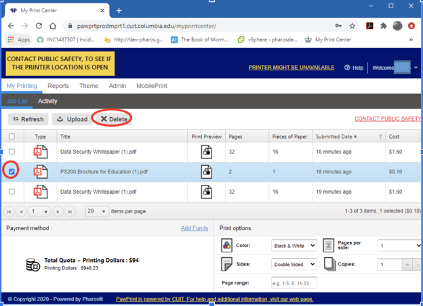 PawPrint Print center in browser window with Delete button in top menu pane circled