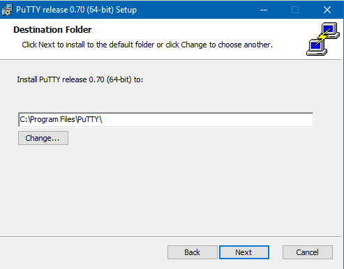 Typically, install PuTTY to default destination C:\Program Files\PuTTY\