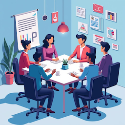Decorative image of animated group of workers sitting around a table with walls covered in graphs and charts