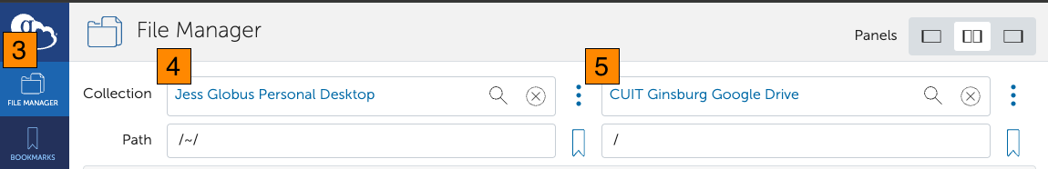 Globus File Manager screen with Personal Collection and CUIT Ginsburg Google Drive collections entered as endpoints