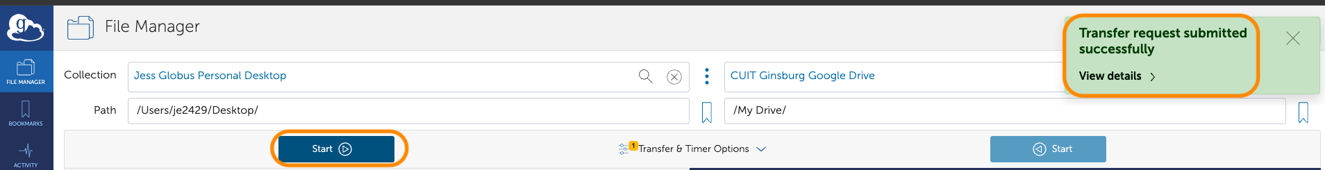 Globus File Manager with left-hand Start button circles and "Transfer request submitted successfully" pop-up on right