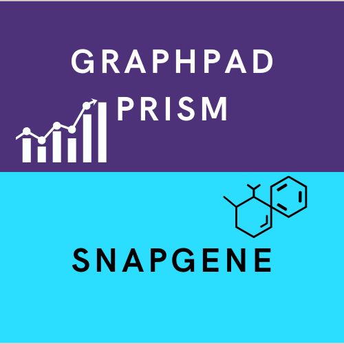 "GraphPad Prism" with graph icon on top and "SnapGene" with molecule icon below