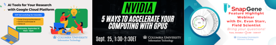 Three thumbnails of posters for RCS workshops: AI with GCP, GPUs with NVIDIA, and Intro to SnapGene