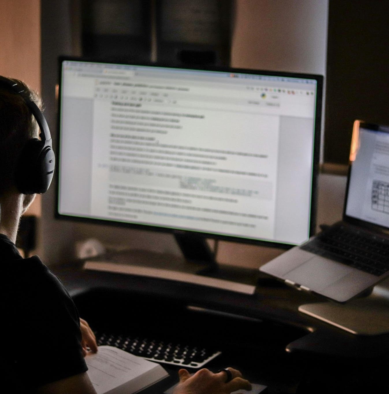 Computer user looking at text on two monitors