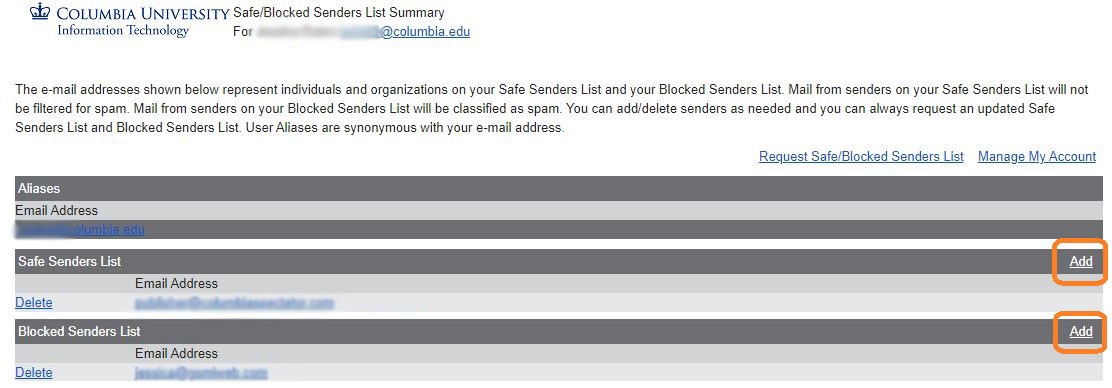 Add an email address to Safe/Blocked sender lists