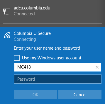 Columbia U Secure option on network menu with user name and password fields