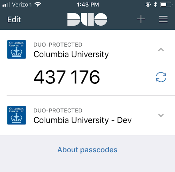One-time code via Duo Mobile app