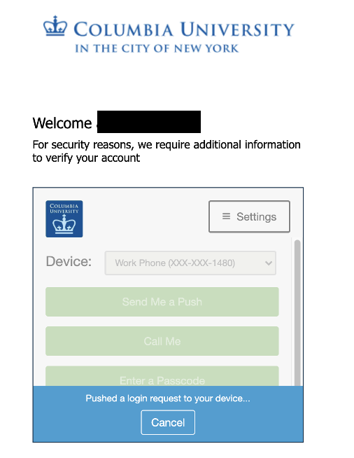 Screenshot of Columbia University DUO multi-factor authentication sign-in.
