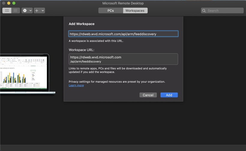 Screenshot of the "Add Workspace" pop-up on the Microsoft Remote Desktop App is open with https://rdweb.wvd.microsoft.com/api/arm/feeddiscovery entered as the workspace URL. The buttons "Cancel" and "Add" are at the bottom of the dialogue box.