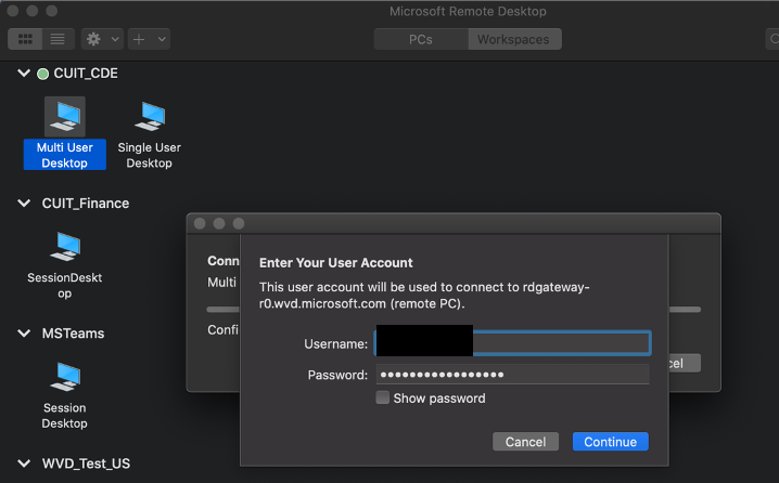 Screenshot of a dialogue box that asks for credentials (username and password) in order to connect to the selected desktop.