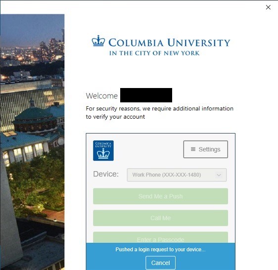 Screenshot of Columbia University DUO multi-factor authentication sign-in. 