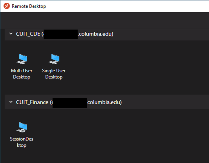 Screenshot of a dialogue box that shows available desktop resources from CUIT. These may be different for each user.  