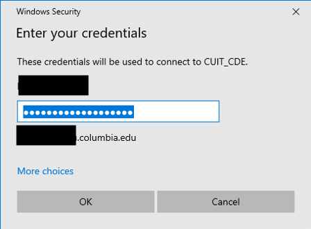Screenshot of a Windows Security dialogue box that asks for credentials (username and password) in order to connect to the selected desktop.