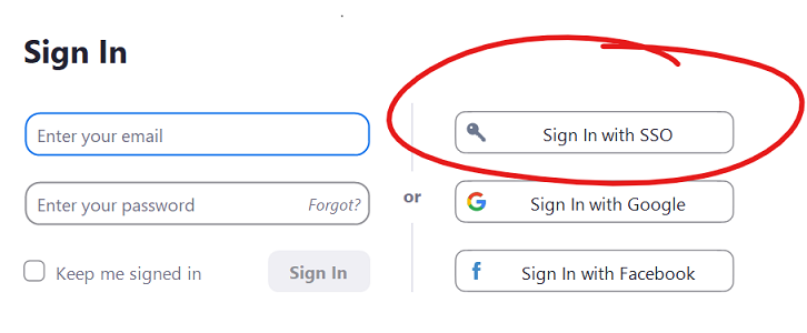 Zoom sign-in screen with Sign in with SSO button in right-hand column circled
