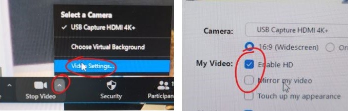 Zoom video Settings, accessed from "Stop Video" button in Zoom control panel. Enable HD should be checked and Mirror my video should NOT be checked