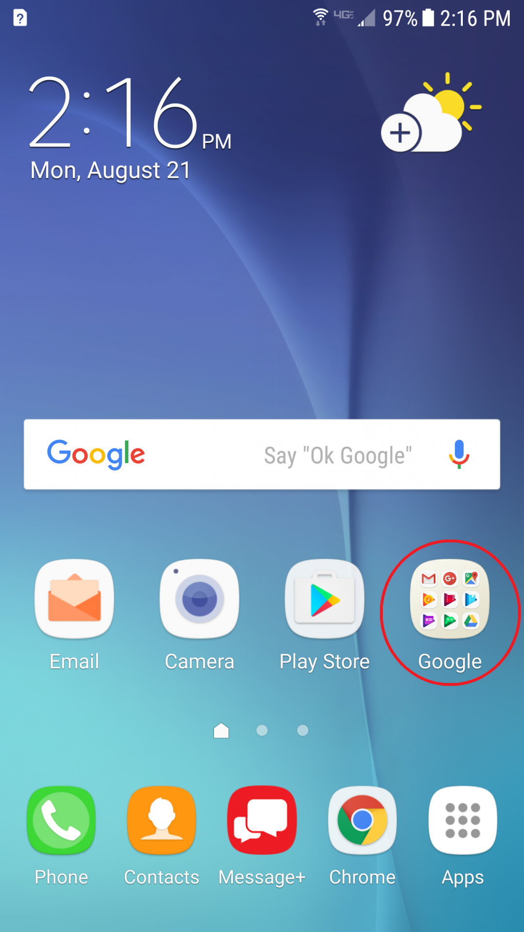 Android device home screen with Google icon circled
