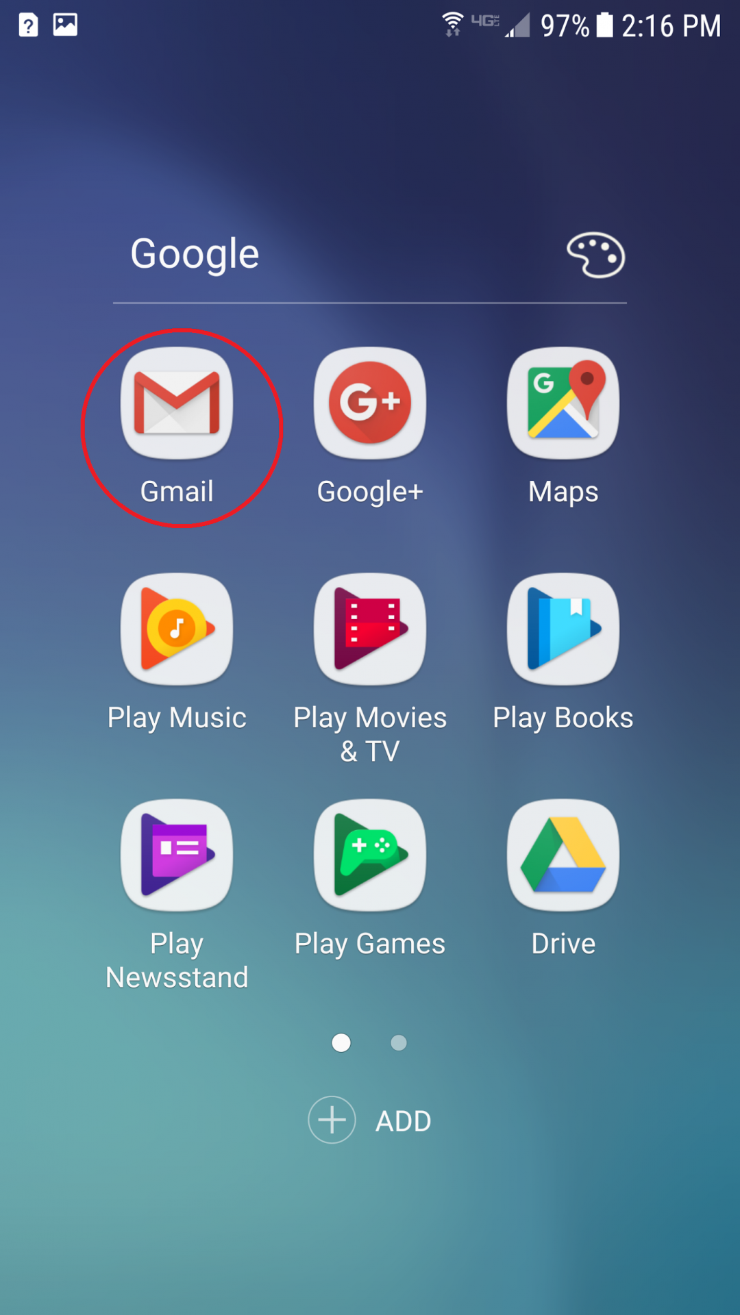 Google screen with Gmail icon circled