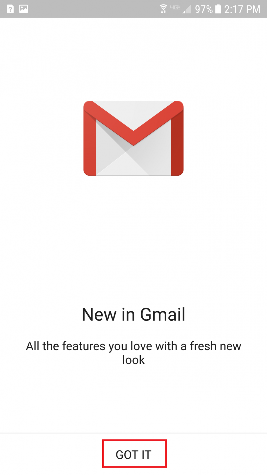 New in Gmail screen with GOT IT button circled
