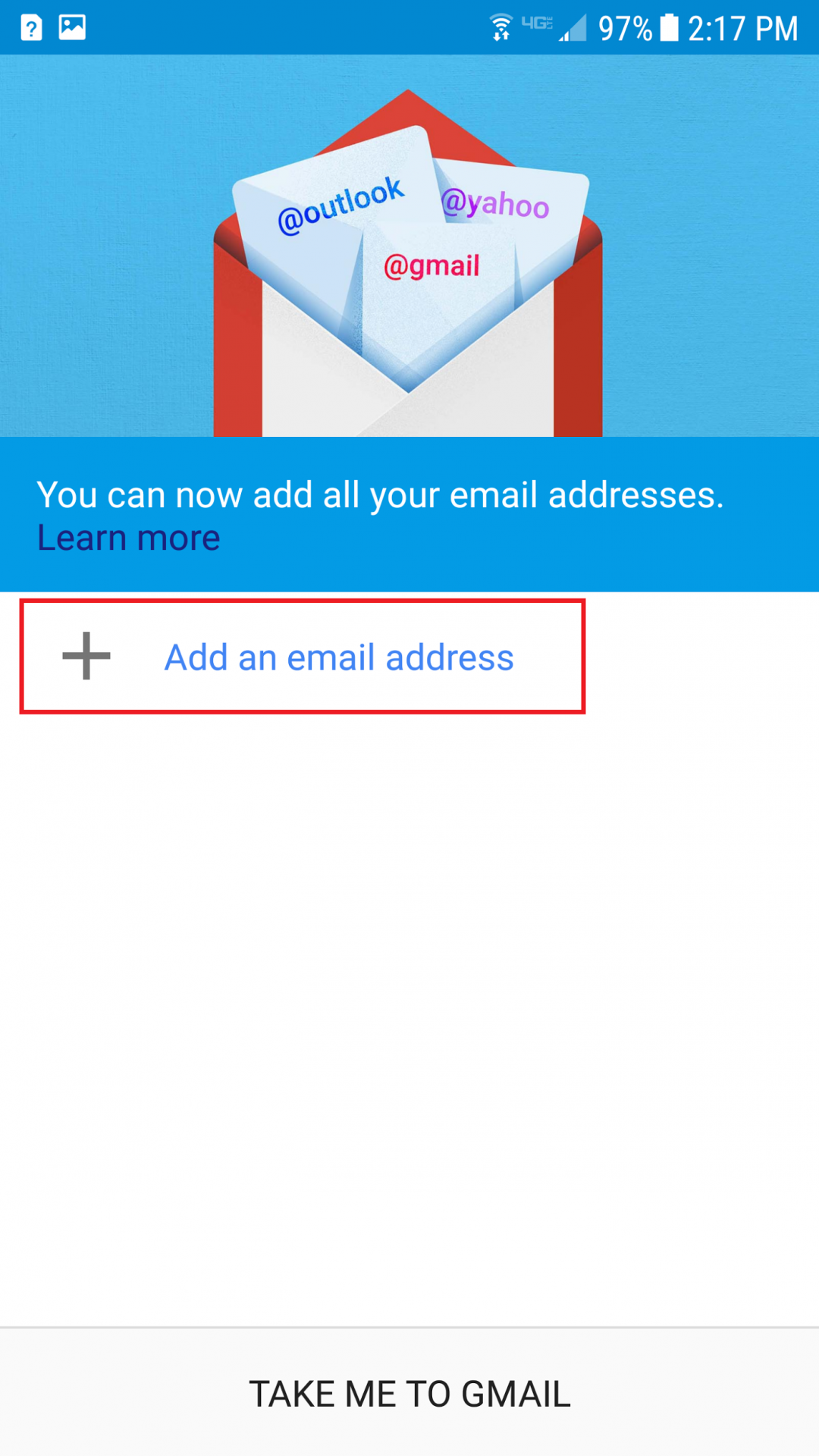 Gmail screen with Add an email address button circled