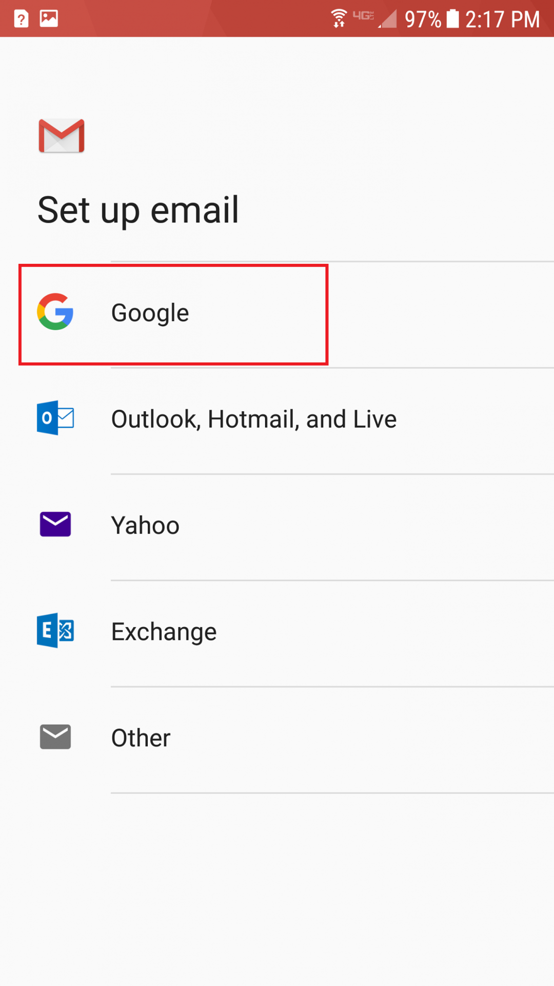 Set up email screen with Google option circled