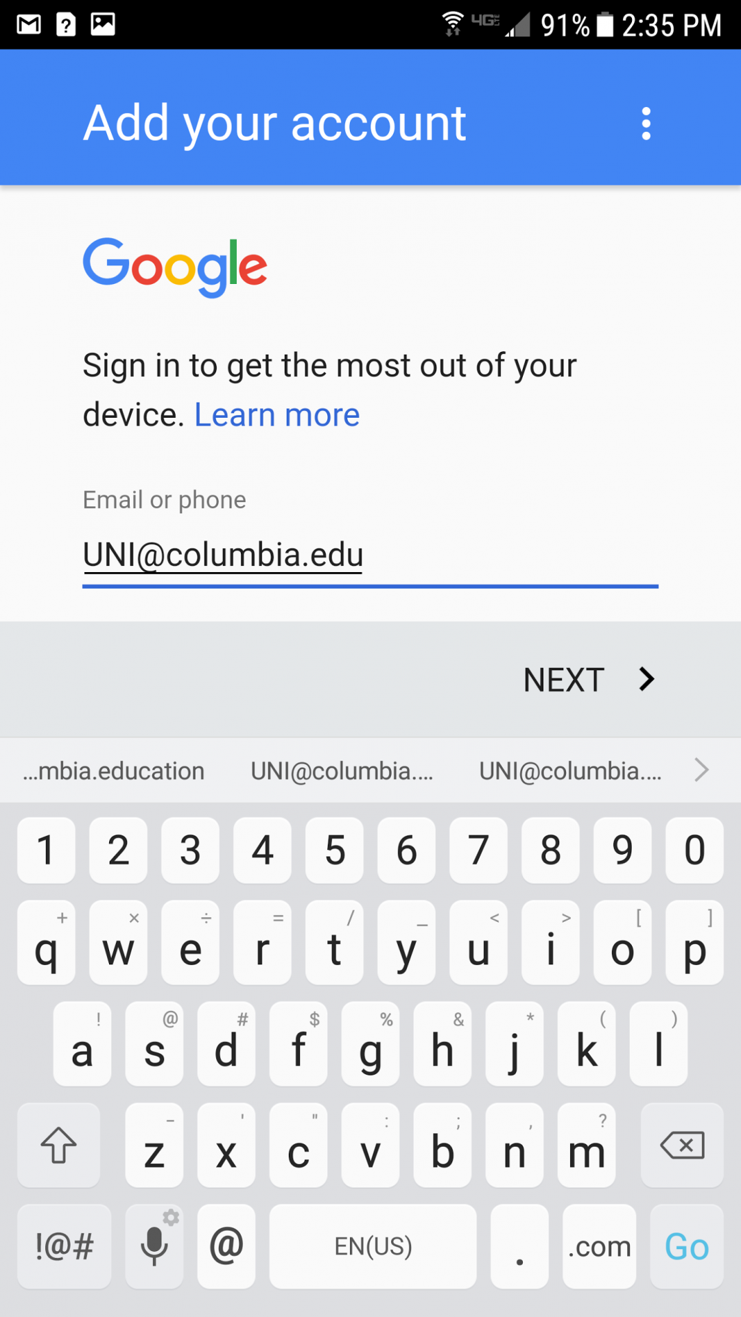 Add your account screen with UNI@columbia.edu entered for Email or phone