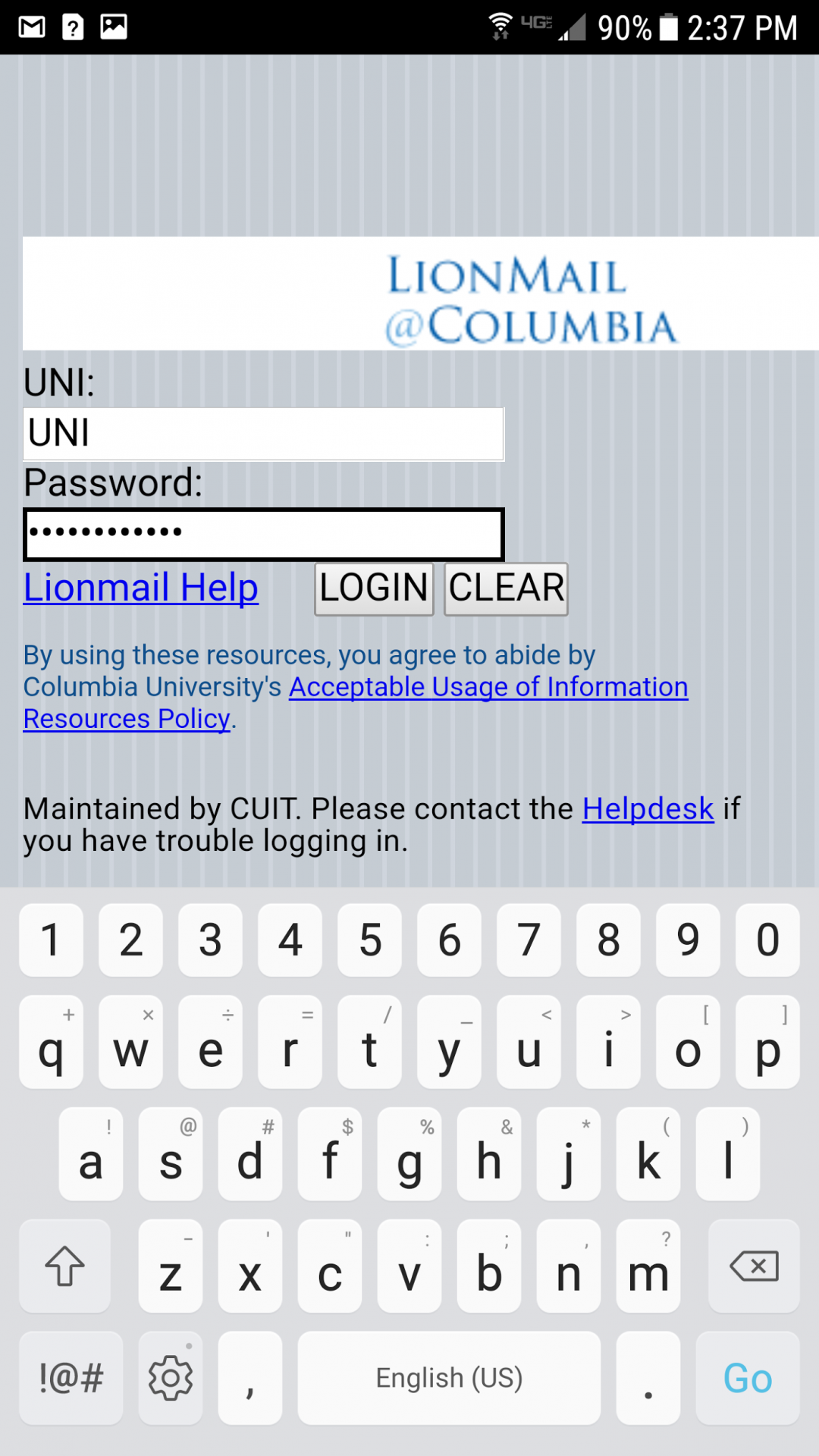 LionMail@Columbia page with UNI and password completed