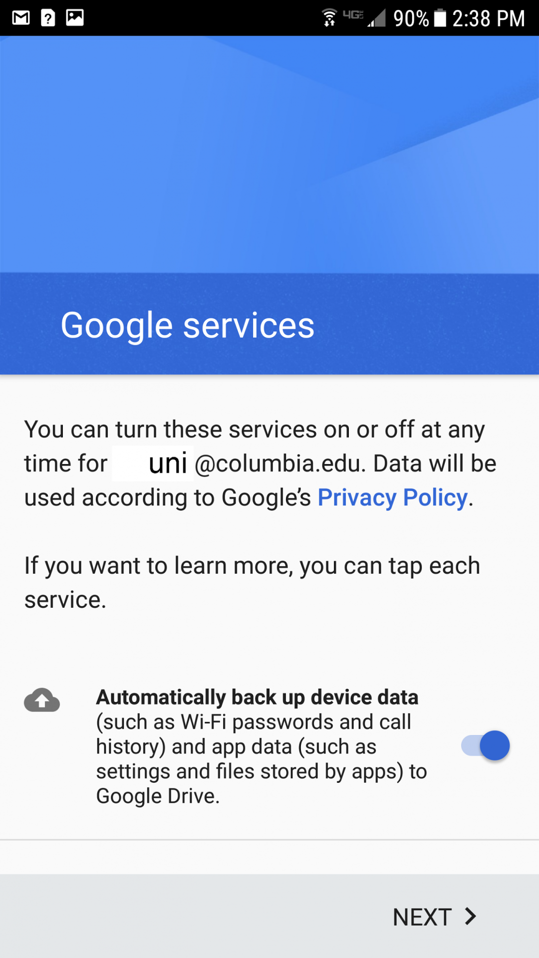 Google services screen for selecting back up preference