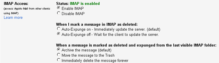IMAP Access Options Display