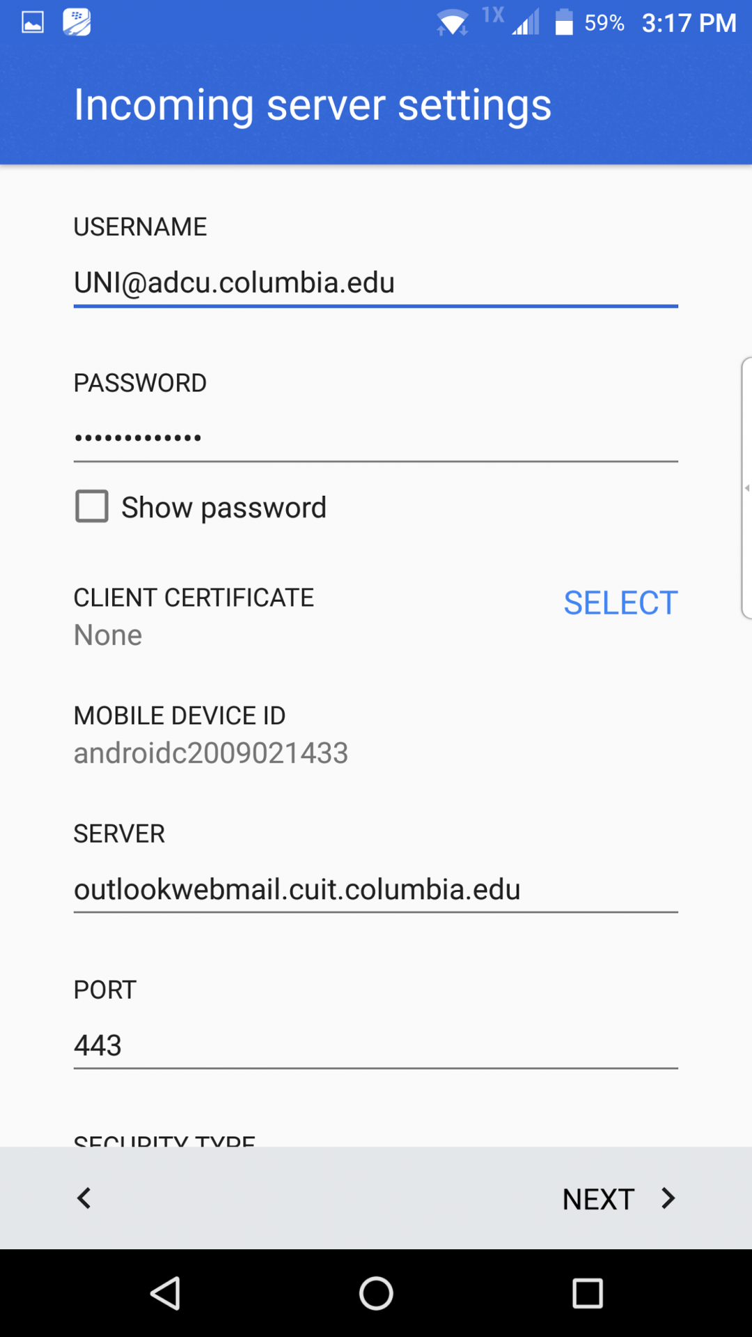 Incoming server settings screen