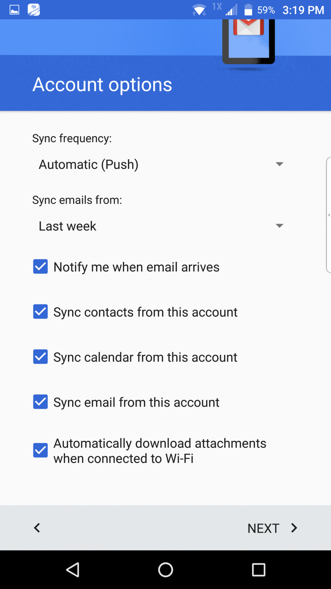 Account options screen