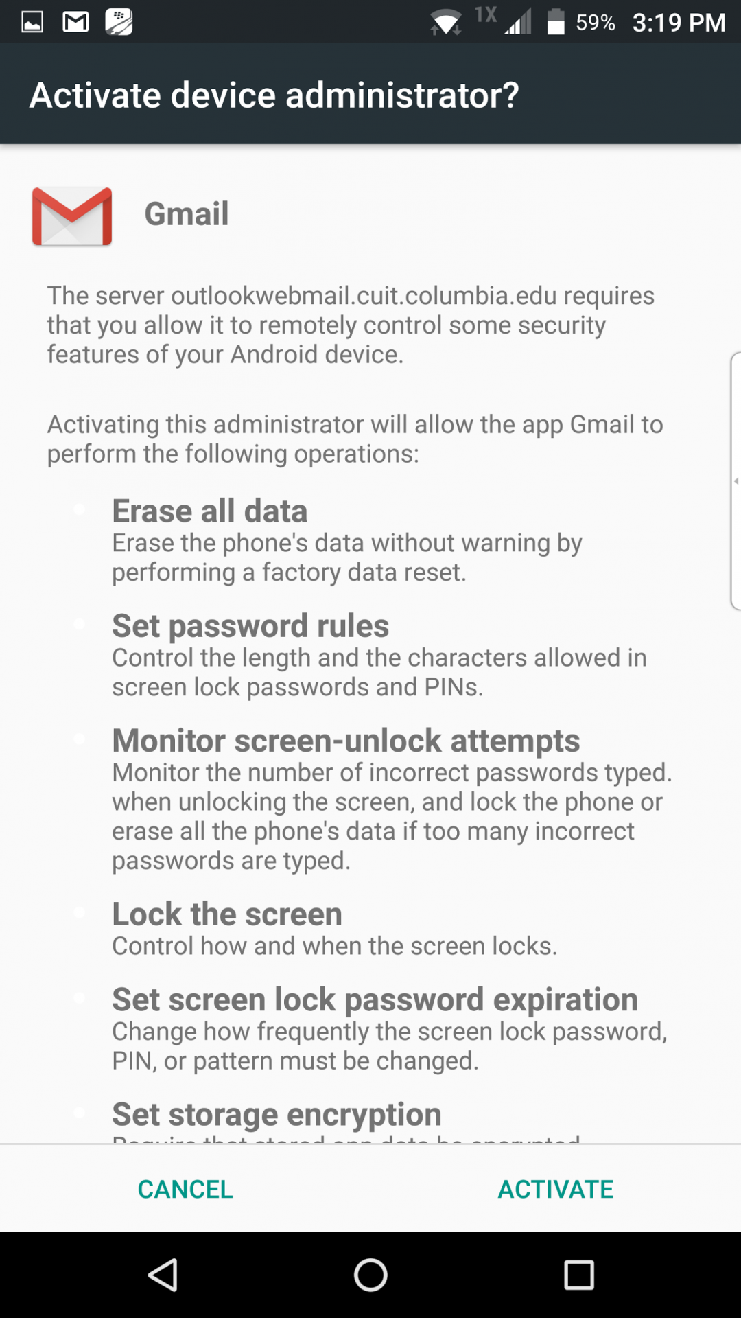 Activate device administrator screen