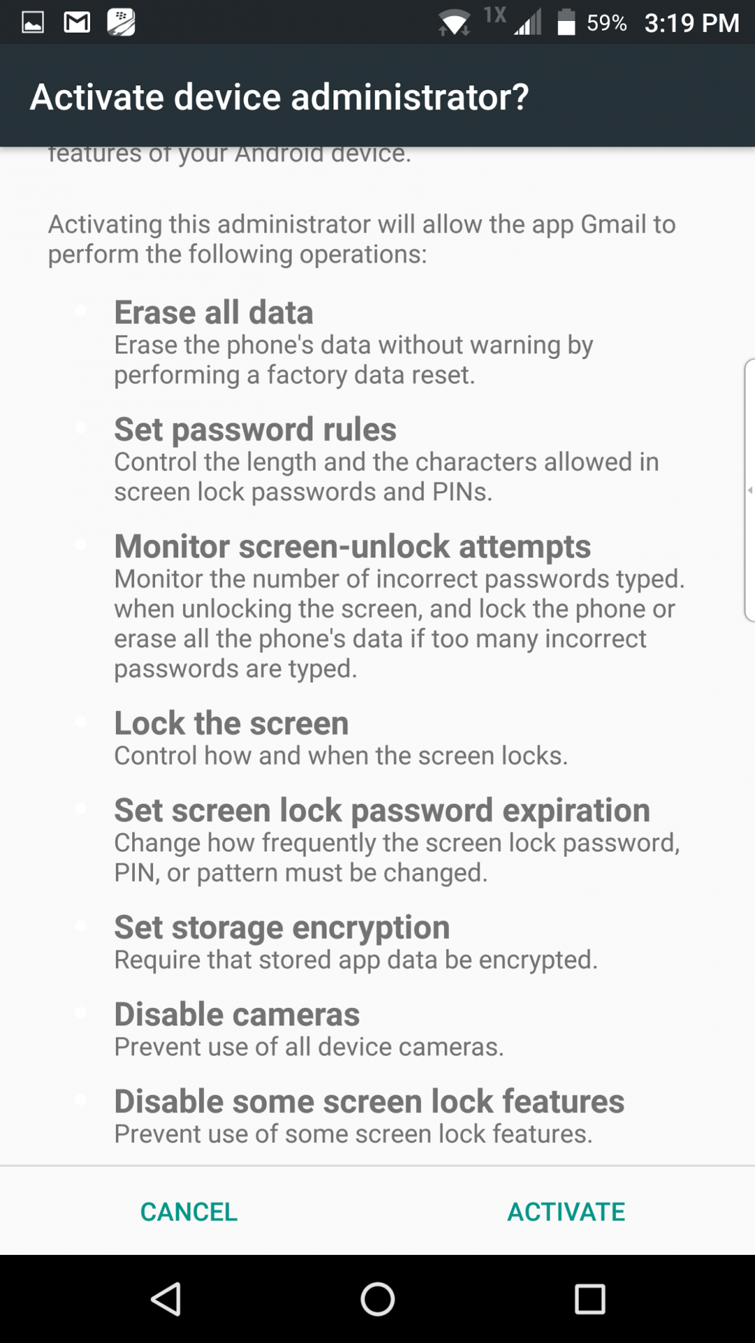 Activate device administrator screen