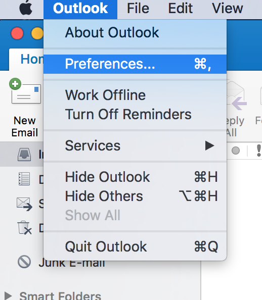 Outlook menu item selected, with Preferences item selected