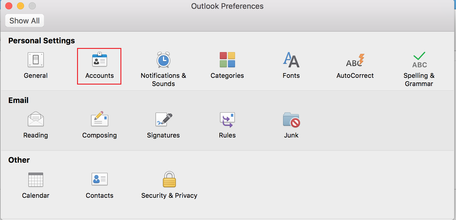 Outlook Preferences, Accounts icon circled