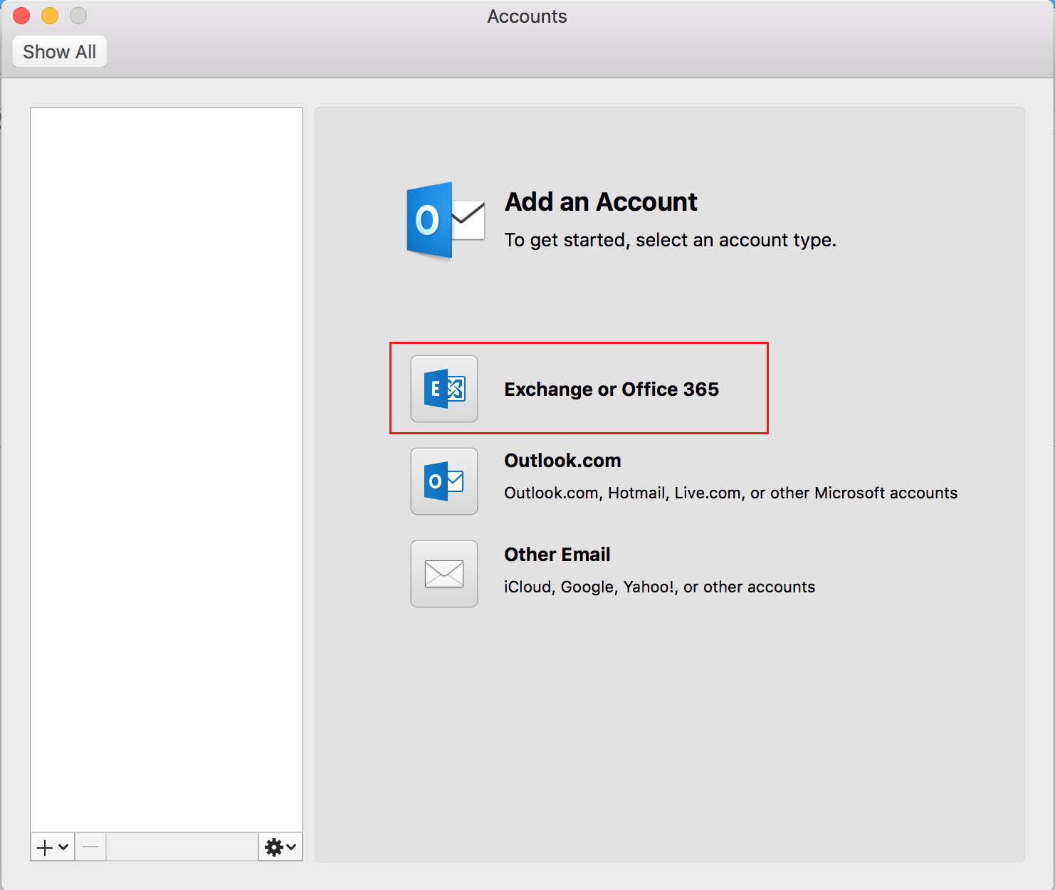 Accounts window with Exchange or Office 365 option circled