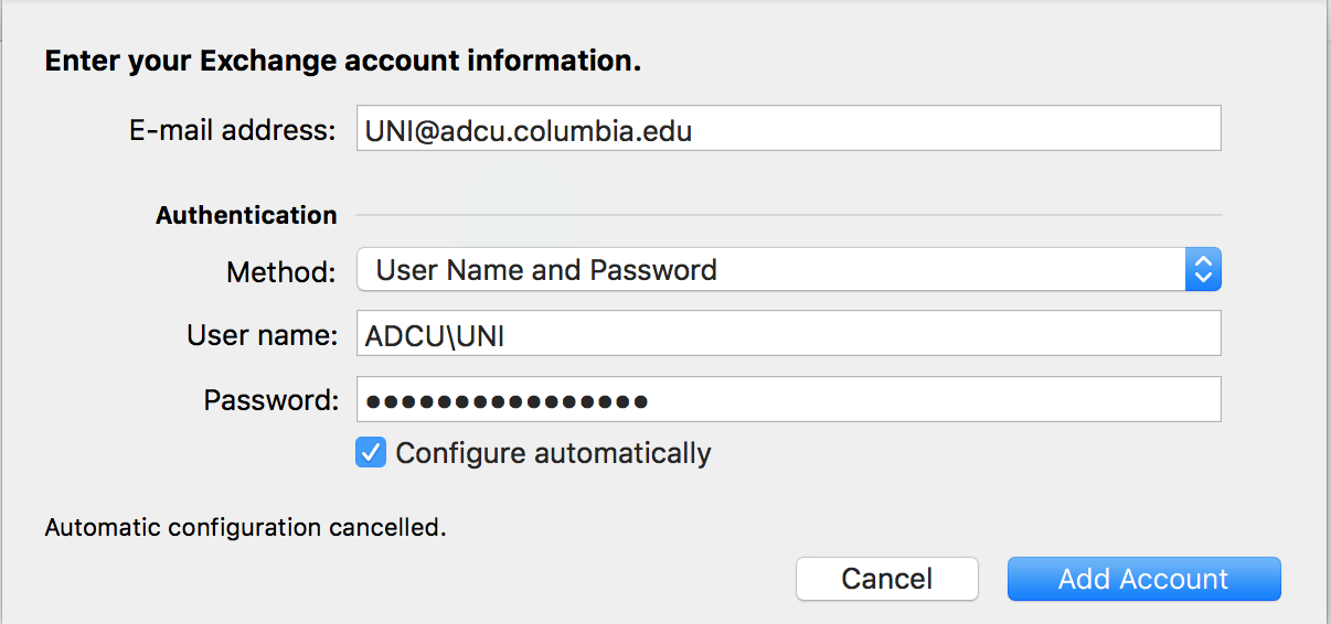 Exchange account information fields completed, Configure automatically box checked