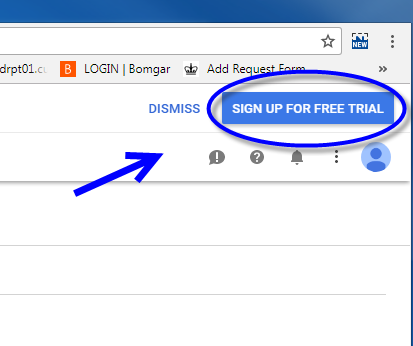 Sign Up For Free Trial button circled in upper right corner