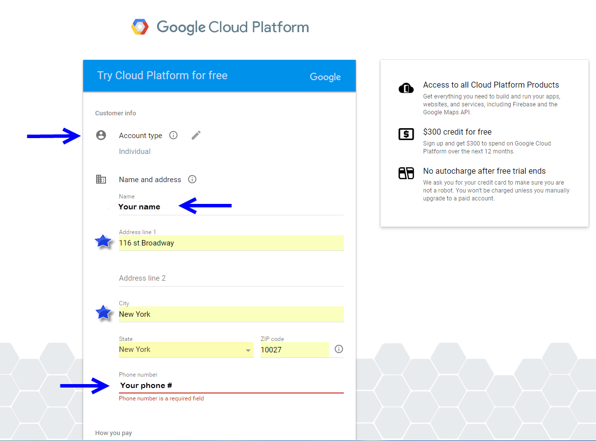 Try Cloud Platform for free window with Account Type: Individual and name/address/contact info filled in