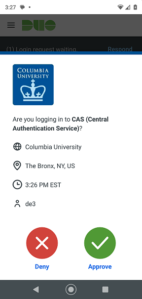 Duo Mobile login request Duo Mobile accept or deny