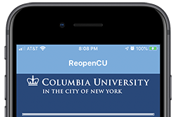 Image of the top 25% of the ReopenCU app on an iPhone screen: Blue banner with white text reading ReopenCU and Columbia University in the City of New York