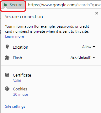 Secure padlock located to the left of the URL in web browser