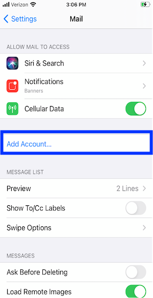 iPhone Mail Settings screen with the Add Account menu option circled, 4th option from the top