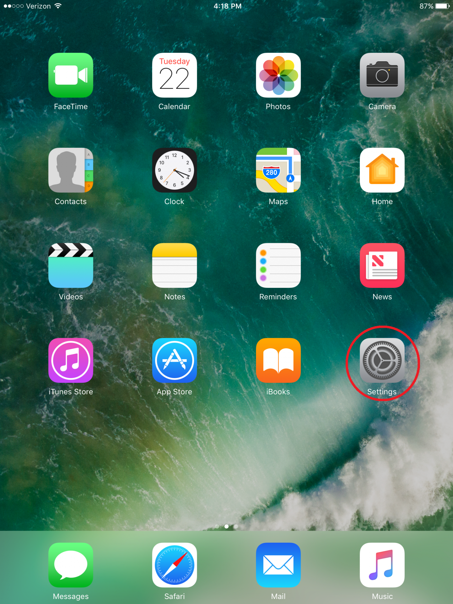 iPad home screen, Settings icon circled