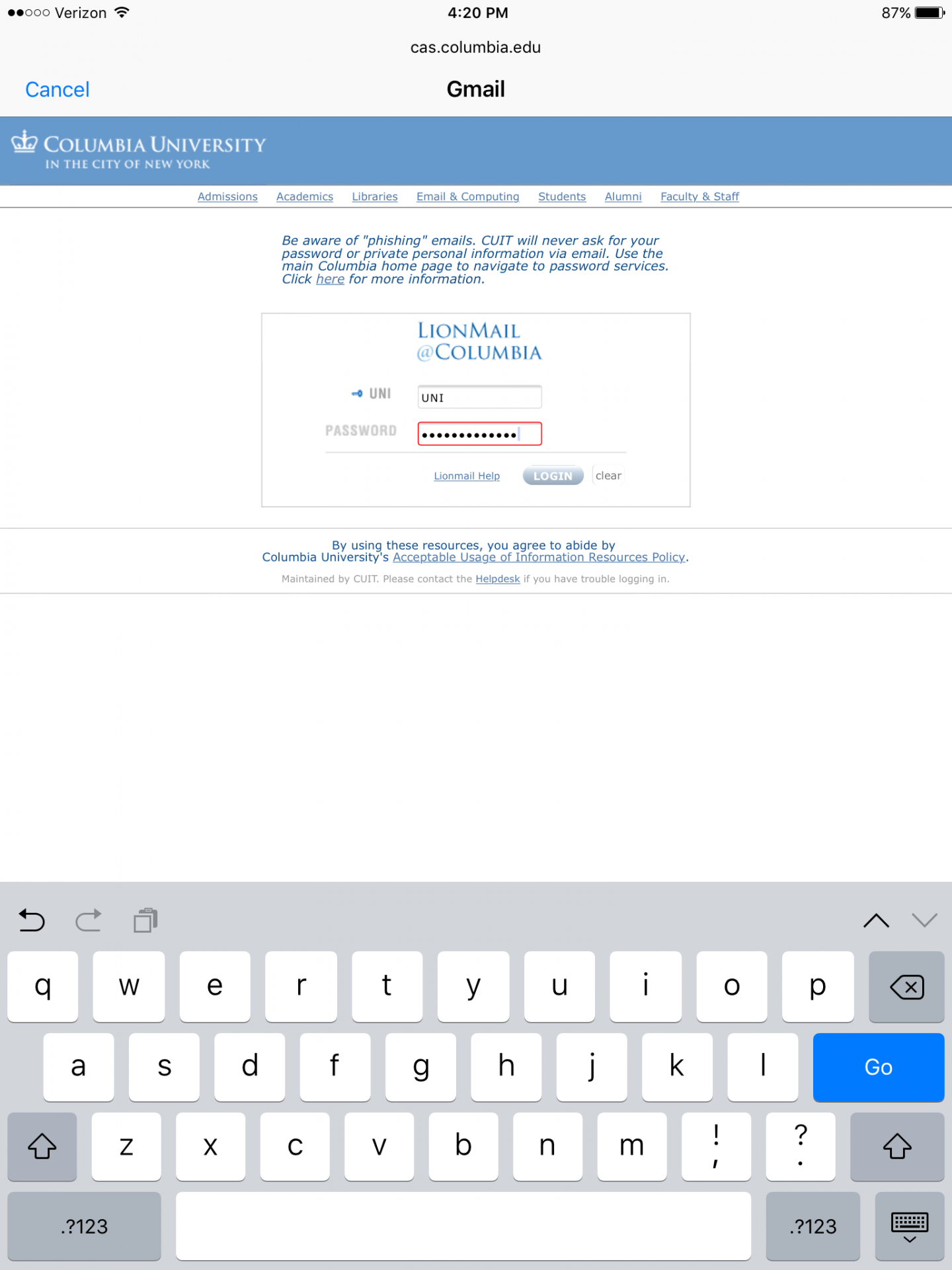 LionMail@Columbia login screen with UNI and password entered