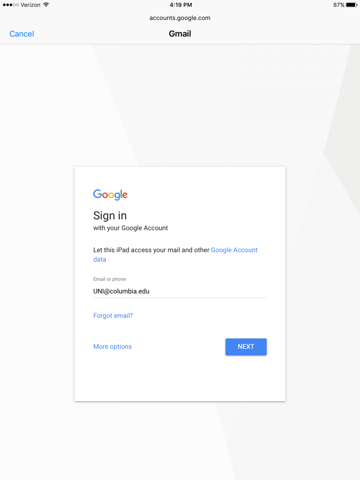 Gmail Sign in screen, with uni@columbia.edu entered in Email or phone field