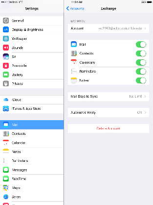 Settings screen, Account selected